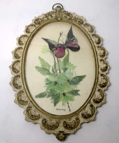 Vintage Feather Art, in Cast Frame. Signed Honay. 200mm x 130mm.