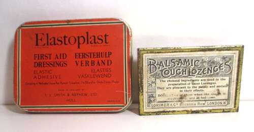 Lot of Two Vintage Medical Tins. Elastoplast and Balsamic Cough Lozenges. Sharpner for scale..