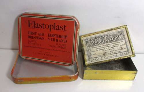 Lot of Two Vintage Medical Tins. Elastoplast and Balsamic Cough Lozenges. Sharpner for scale..