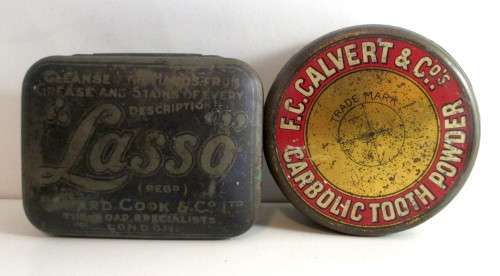 Lot of 2 Vintage Tins. Carbolic Tooth Powder and Lasso Gleaner. Sharpner for Scale.