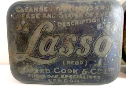 Lot of 2 Vintage Tins. Carbolic Tooth Powder and Lasso Gleaner. Sharpner for Scale.