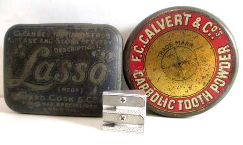 Lot of 2 Vintage Tins. Carbolic Tooth Powder and Lasso Gleaner. Sharpner for Scale.
