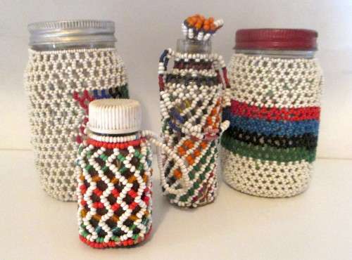 Lot of 4 Vintage African Beaded Glass Bottles. As per photo. 100mm high.