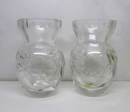 Two Pretty `Rose-Cut` Crystal Bud Vases. No Chips. 85mm high.