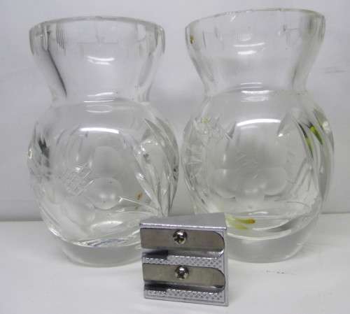 Two Pretty `Rose-Cut` Crystal Bud Vases. No Chips. 85mm high.