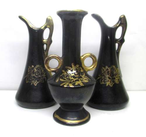 Three Black and Gold Baibua hand decorated mini vases. 85mm high.