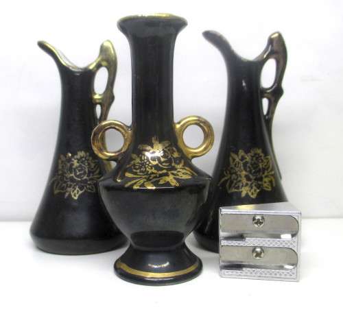 Three Black and Gold Baibua hand decorated mini vases. 85mm high.