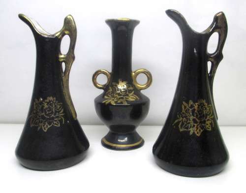 Three Black and Gold Baibua hand decorated mini vases. 85mm high.