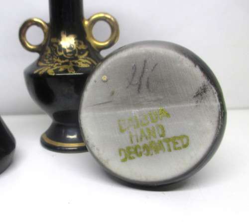 Three Black and Gold Baibua hand decorated mini vases. 85mm high.