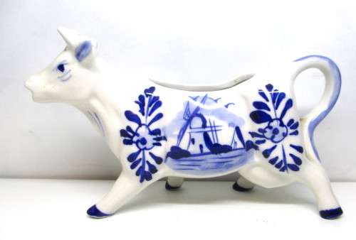 Quirky Delft Cow Creamer - Vintage Cream / Milk Pourer in shape of Cow - 16 x 9cm