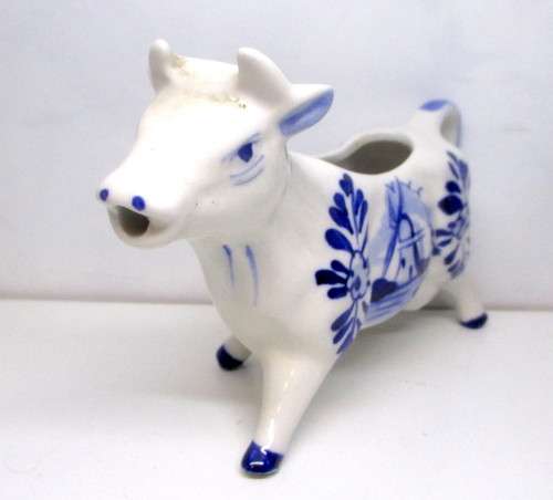 Quirky Delft Cow Creamer - Vintage Cream / Milk Pourer in shape of Cow - 16 x 9cm