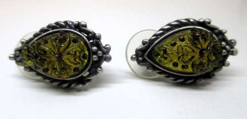 Lovely Vintage Moldavite look Earrings in a ornate setting. 25mm.