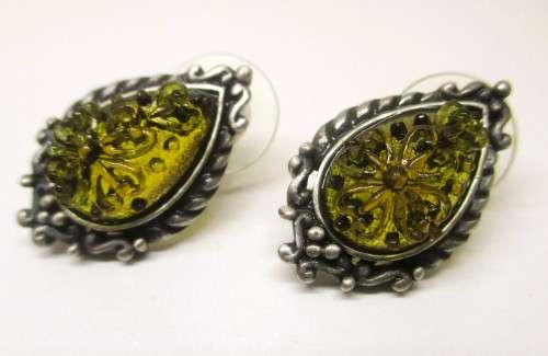 Lovely Vintage Moldavite look Earrings in a ornate setting. 25mm.