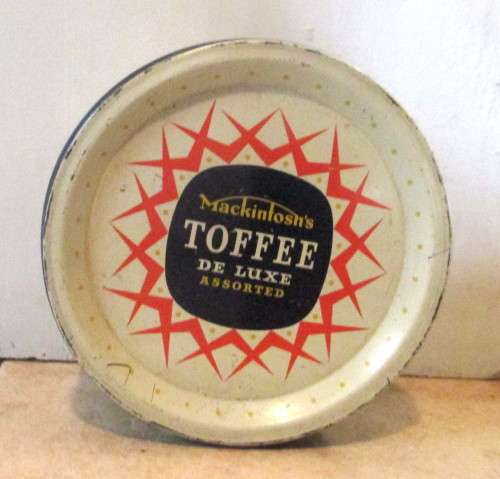 Vintage Vintage Mackintosh`s Toffee De Luxe Ad Litho Tin, England. 80mm high 130mm diameter.