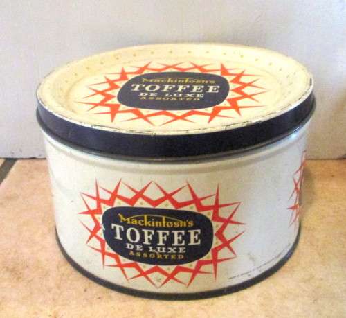 Vintage Vintage Mackintosh`s Toffee De Luxe Ad Litho Tin, England. 80mm high 130mm diameter.