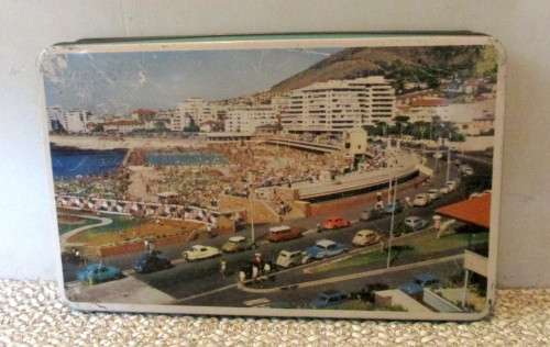 Vintage Cookie Tin depicting 1950`s Sea Point Cape Town. - 22.5cm x 14cm x 3,5cm