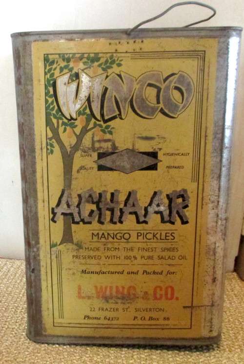 Vintage Large Winco Mango Pickles Achaar Tin. Packed for L Wing & Co, Silverton. 350mm x 240 mm.