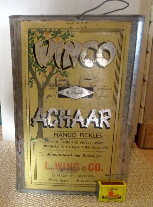 Vintage Large Winco Mango Pickles Achaar Tin. Packed for L Wing & Co, Silverton. 350mm x 240 mm.