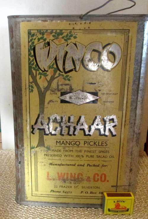 Vintage Large Winco Mango Pickles Achaar Tin. Packed for L Wing & Co, Silverton. 350mm x 240 mm.