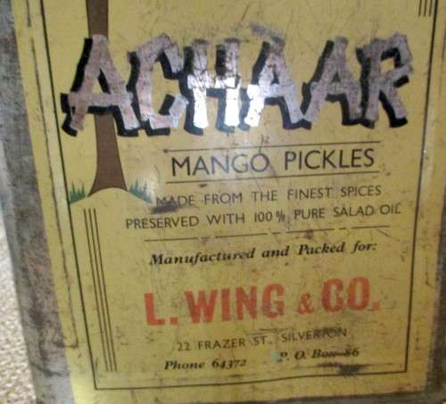 Vintage Large Winco Mango Pickles Achaar Tin. Packed for L Wing & Co, Silverton. 350mm x 240 mm.