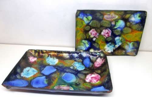 Two Lovey Vibrant Color Vintage Enamel Over Metal Trinket Dishes. 150x100mm and 120x90mm.