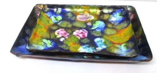 Two Lovey Vibrant Color Vintage Enamel Over Metal Trinket Dishes. 150x100mm and 120x90mm.