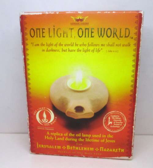 One Light, One World. Replica of oil Lamp used in Holy Land during lifetime of Jesus. In box.