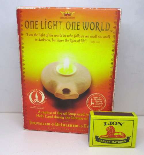 One Light, One World. Replica of oil Lamp used in Holy Land during lifetime of Jesus. In box.