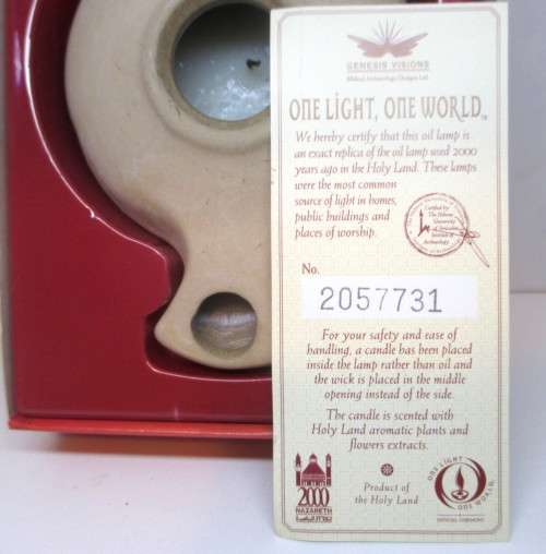 One Light, One World. Replica of oil Lamp used in Holy Land during lifetime of Jesus. In box.