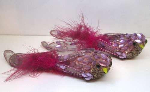 Two Vintage Sparkling Pink Clip-On Year Round Bird Ornament With Feathery Tail. 150mm
