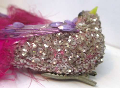 Two Vintage Sparkling Pink Clip-On Year Round Bird Ornament With Feathery Tail. 150mm