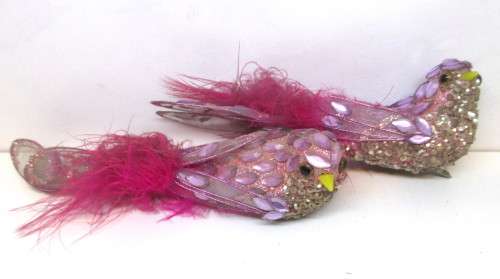 Two Vintage Sparkling Pink Clip-On Year Round Bird Ornament With Feathery Tail. 150mm