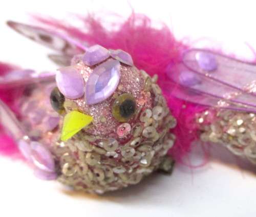 Two Vintage Sparkling Pink Clip-On Year Round Bird Ornament With Feathery Tail. 150mm