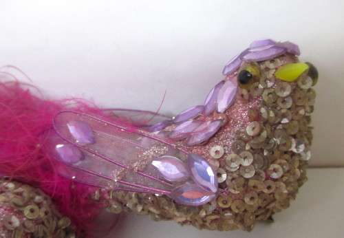 Two Vintage Sparkling Pink Clip-On Year Round Bird Ornament With Feathery Tail. 150mm