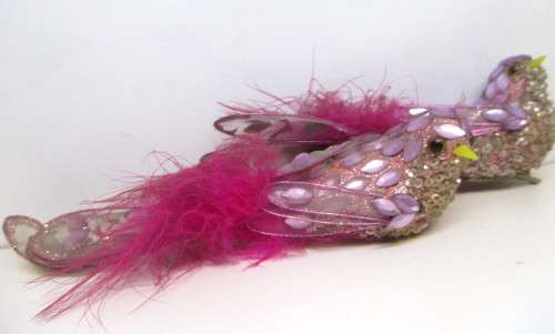 Two Vintage Sparkling Pink Clip-On Year Round Bird Ornament With Feathery Tail. 150mm