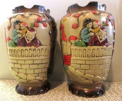 Set of Two Vintage Japanese Art Pottery HandPainted Relief Decoration Village Scene. 200mm high.