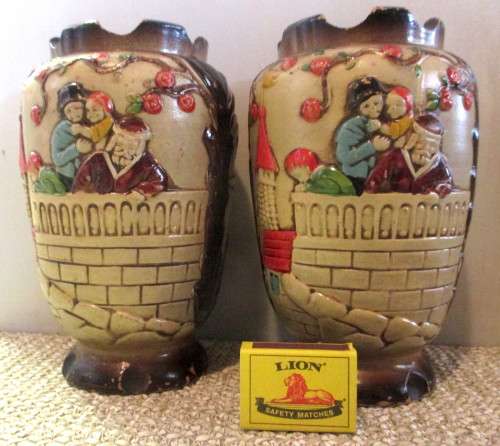 Set of Two Vintage Japanese Art Pottery HandPainted Relief Decoration Village Scene. 200mm high.