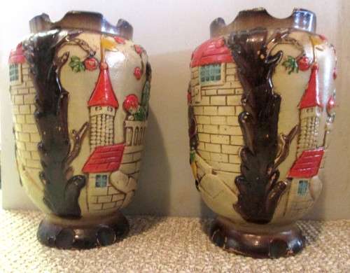 Set of Two Vintage Japanese Art Pottery HandPainted Relief Decoration Village Scene. 200mm high.