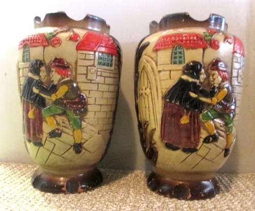 Set of Two Vintage Japanese Art Pottery HandPainted Relief Decoration Village Scene. 200mm high.