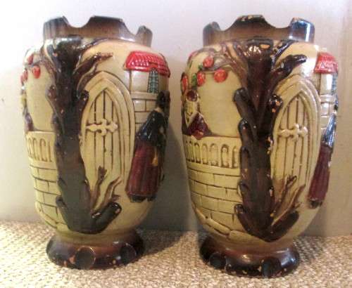 Set of Two Vintage Japanese Art Pottery HandPainted Relief Decoration Village Scene. 200mm high.