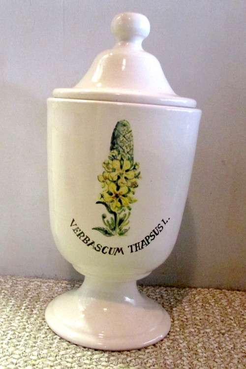 Vintage Apothecary Verbascum Thapsus L. Ceramic jar in French Provence Style. 260mm high.