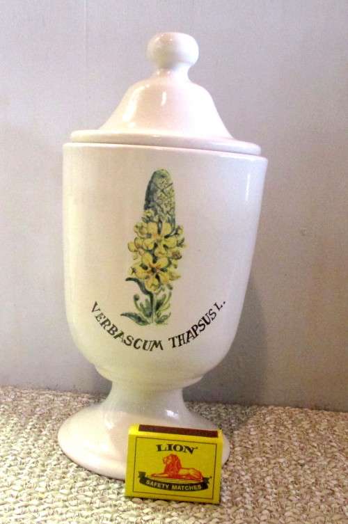 Vintage Apothecary Verbascum Thapsus L. Ceramic jar in French Provence Style. 260mm high.