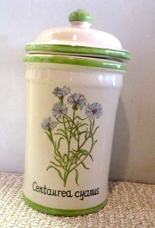 Vintage Apothecary Centaurea Cyamus Ceramic jar in French Provence Style. Klorane 260mm high.