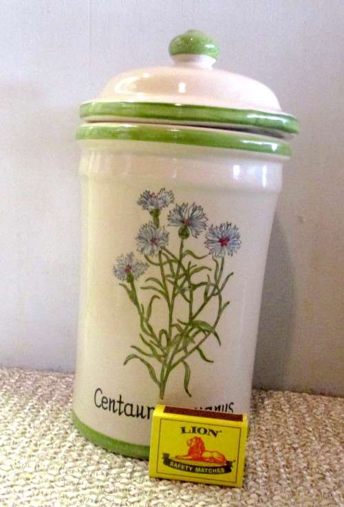 Vintage Apothecary Centaurea Cyamus Ceramic jar in French Provence Style. Klorane 260mm high.