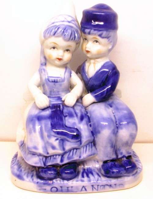 Vintage Dutch Delfts Blue Girl And Boy Sitting On Bench Hand Painted Figurine. Holland Overprint.