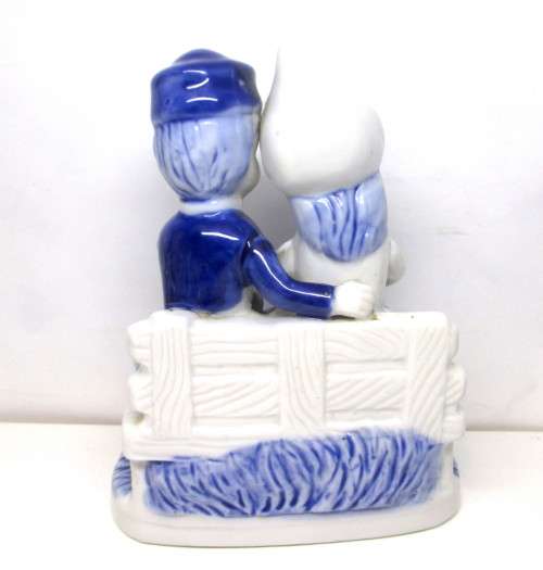 Vintage Dutch Delfts Blue Girl And Boy Sitting On Bench Hand Painted Figurine. Holland Overprint.