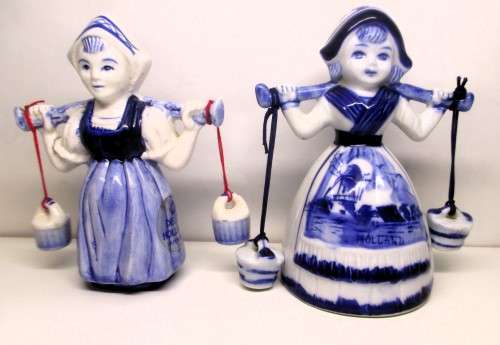 Lot of Two Vintage Hand painted Blue Delft Milk Maids with milk buckets, Holland. 120mm high. Unique