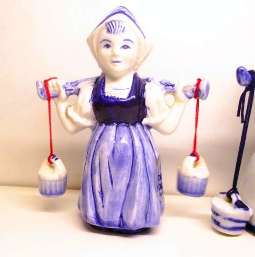 Lot of Two Vintage Hand painted Blue Delft Milk Maids with milk buckets, Holland. 120mm high. Unique
