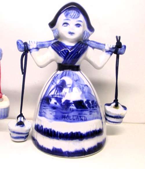 Lot of Two Vintage Hand painted Blue Delft Milk Maids with milk buckets, Holland. 120mm high. Unique