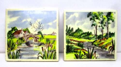 Two Vintage Hand Painted Tiles, English Countryside, Cottage Scene. 75 x 75mm. Glazed.